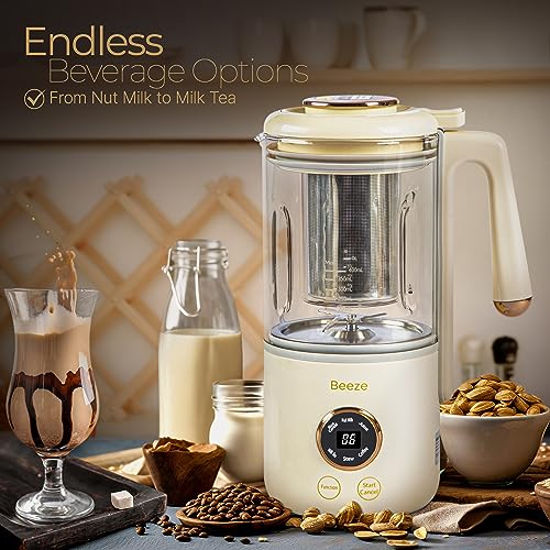 BEEZE Automatic Nut Milk Maker - 14oz Nut Milk Maker Machine - Almond Milk Maker - Milk Tea, Soy, Oat, Almond, Cashew, Coconut Milk, Glass Blender, Built In Strainer, Smart Touch, Recipe Book Included