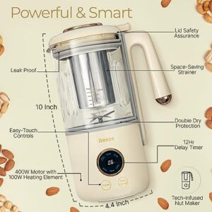 BEEZE Automatic Nut Milk Maker - 14oz Nut Milk Maker Machine - Almond Milk Maker - Milk Tea, Soy, Oat, Almond, Cashew, Coconut Milk, Glass Blender, Built In Strainer, Smart Touch, Recipe Book Included