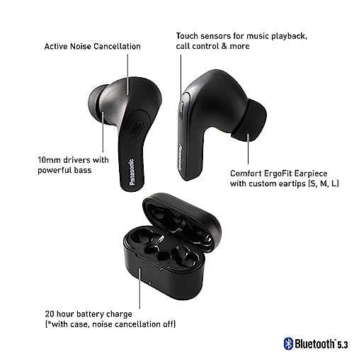 Panasonic ErgoFit True Wireless Earbuds with Noise Cancelling, in Ear Headphones with XBS Powerful Bass, Bluetooth 5.3, Charging Case - RZ-B310W