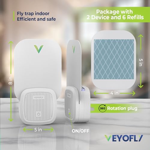 VEYOFLY Fly Trap, Plug in Flying Insect Trap, Fruit Fly Traps for Indoors- Safer Home Indoor- Bug Light Indoor Plug in- Mosquito Trap, Fruit Fly Killer, Gnat Trap, Flea Trap- (2 Device+6 Glue Boards)