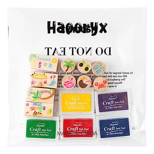 Haooryx 10pcs Summer Beach Theme Wooden Stamps with 5pcs Stamp Ink Pads Tropical Summer Time Decorative Stamping for Classroom Scrapbook Greeting Card Decor DIY Art Craft Supply Kid’s Birthday Gift