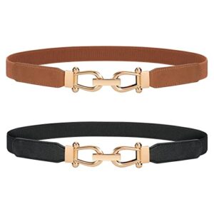 jasgood 2 pack women stretchy waist belt retro elastic skinny belt for ladies with gold buckle