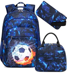 ledaou backpack for kids boys school bags teen bookbags set school backpack with lunch box and pencil case (soccer ball)