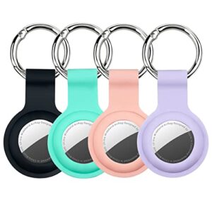 airtag holder & airtag keychain compatible with apple airtag, protective silicone airtag case key ring for cat collar, dog collar, luggage, keys (4pack black/green/pink/purple)