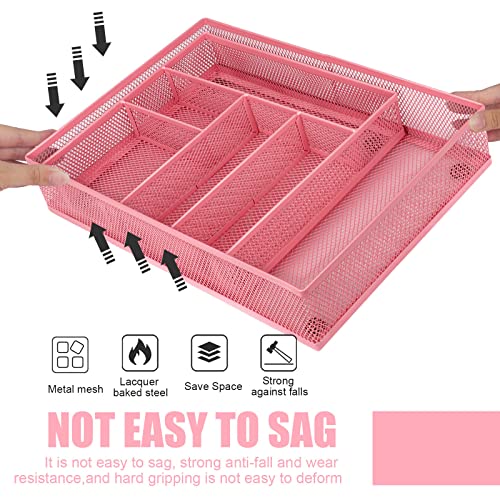 Banshou Desk Drawer Organiaer Tray,Metal Mesh Dividers Desk Organizer,Tray for Home Office,6Compartments(Pink)