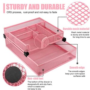 Banshou Desk Drawer Organiaer Tray,Metal Mesh Dividers Desk Organizer,Tray for Home Office,6Compartments(Pink)