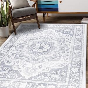 topotdor machine washable area rug 5x7 large ultra-thin vintage area rugs with non-slip backing, gray distressed carpet foldable rugs for kitchen living room bedroom dining room
