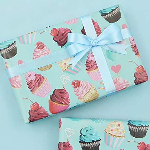 Blue Birthday Wrapping Papers, 4 Sheets Cupcake Muffin Printed Pattern Wrap Papers, 20 x 29 inch Per Sheet Folded Flat with 1 Roll Blue Ribbon for Baby Shower Party Holiday Kids Toddler Boys Gift Wrap