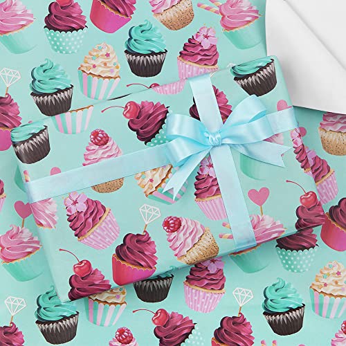 Blue Birthday Wrapping Papers, 4 Sheets Cupcake Muffin Printed Pattern Wrap Papers, 20 x 29 inch Per Sheet Folded Flat with 1 Roll Blue Ribbon for Baby Shower Party Holiday Kids Toddler Boys Gift Wrap