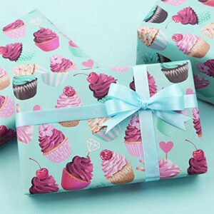 Blue Birthday Wrapping Papers, 4 Sheets Cupcake Muffin Printed Pattern Wrap Papers, 20 x 29 inch Per Sheet Folded Flat with 1 Roll Blue Ribbon for Baby Shower Party Holiday Kids Toddler Boys Gift Wrap