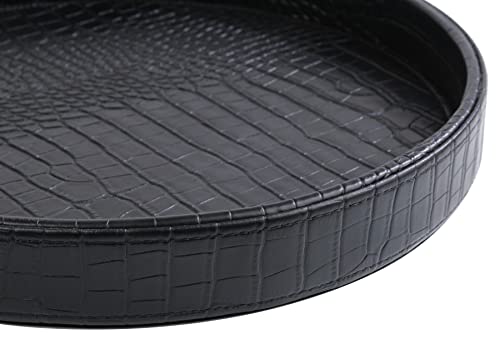 HofferRuffer Faux Leather Round Serving Tray, Vegan Croco Leather Decorative Tray, Food Tray for Storage Drinks, Snack & Cosmetics, Dia.12'' x 1.6'' (Black)