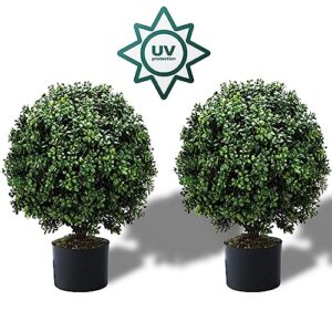 24''t artificial boxwood ball topiary tree, set of 2 -pre-potted artificial bushes uv resistant, artificial topiariy trees for outdoor or indoor