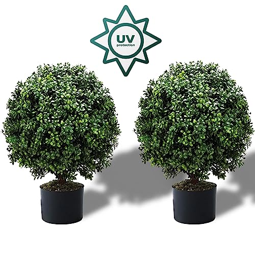 24''T Artificial Boxwood Ball Topiary Tree, Set of 2 -Pre-Potted Artificial Bushes UV Resistant, Artificial topiariy Trees for Outdoor or Indoor
