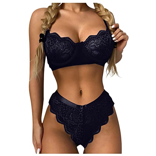 Lenceria para Mujer, Lingerie for Women 2Piece Outfits Sexy Women's Lengerie Set Women's Fashion Solid Color Lace Two-Piece Suit Underwear Panties Gifts Her Clothes Laundrie Two (XXL, Black)