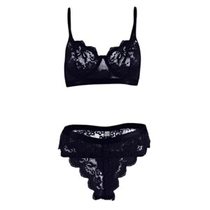 Lenceria para Mujer, Lingerie for Women 2Piece Outfits Sexy Women's Lengerie Set Women's Fashion Solid Color Lace Two-Piece Suit Underwear Panties Gifts Her Clothes Laundrie Two (XXL, Black)