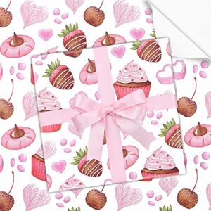 cupcake strawberry doughnuts heart printed gift wrapping paper, sweet dessert birthday gfit wrap paper folded flat with 1 roll pink ribbon for baby shower party holiday kids girls boys gift wrap set