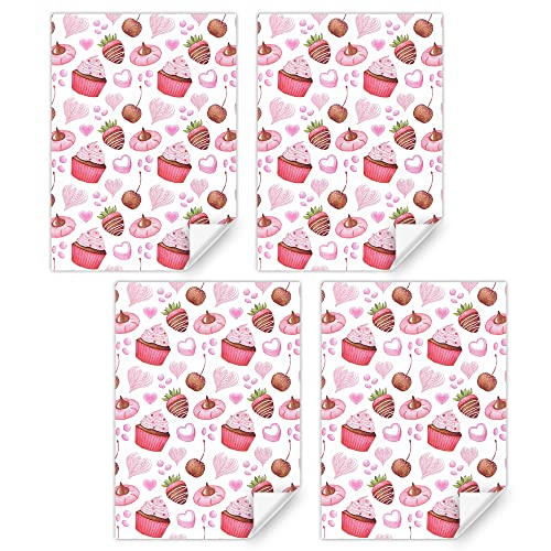 Cupcake Strawberry Doughnuts Heart Printed Gift Wrapping Paper, Sweet Dessert Birthday Gfit Wrap Paper Folded Flat with 1 Roll Pink Ribbon for Baby Shower Party Holiday Kids Girls Boys Gift Wrap Set