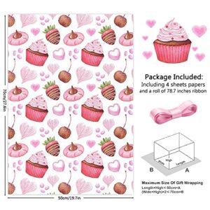 Cupcake Strawberry Doughnuts Heart Printed Gift Wrapping Paper, Sweet Dessert Birthday Gfit Wrap Paper Folded Flat with 1 Roll Pink Ribbon for Baby Shower Party Holiday Kids Girls Boys Gift Wrap Set