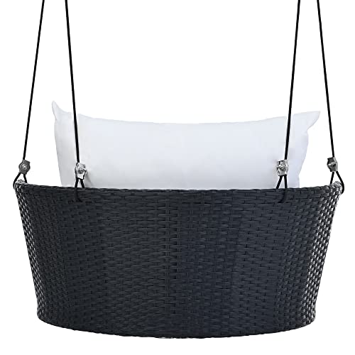 Outdoor Patio Wicker Porch Swings, 33.8" Wide Single Person Hanging Chair with Black Woven Rattan and White Cushions