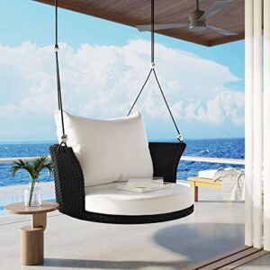 outdoor patio wicker porch swings, 33.8" wide single person hanging chair with black woven rattan and white cushions