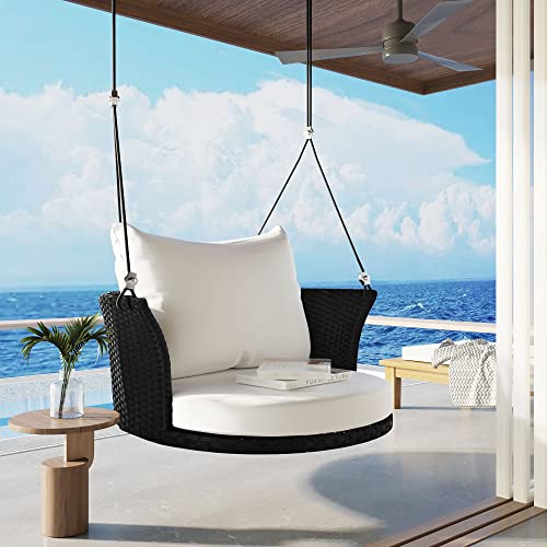 Outdoor Patio Wicker Porch Swings, 33.8" Wide Single Person Hanging Chair with Black Woven Rattan and White Cushions