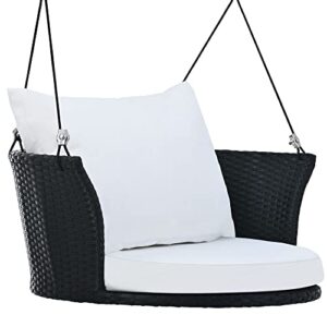 Outdoor Patio Wicker Porch Swings, 33.8" Wide Single Person Hanging Chair with Black Woven Rattan and White Cushions