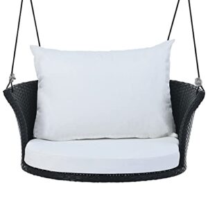 Outdoor Patio Wicker Porch Swings, 33.8" Wide Single Person Hanging Chair with Black Woven Rattan and White Cushions