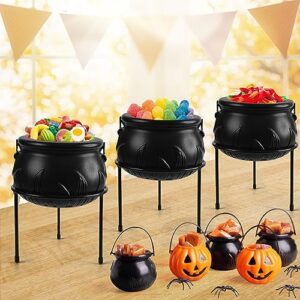 rocinha halloween party decoration, 3 pcs witches cauldron serving bowls on iron stand, black plastic hocus pocus candy bucket for halloween party indoor outdoor home kitchen decorations