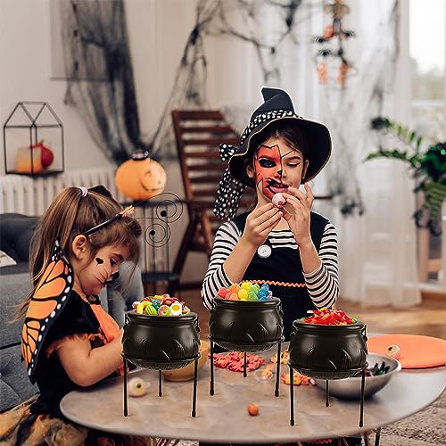 Rocinha Halloween Party Decoration, 3 Pcs Witches Cauldron Serving Bowls on Iron Stand, Black Plastic Hocus Pocus Candy Bucket for Halloween Party Indoor Outdoor Home Kitchen Decorations