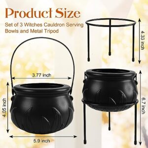 Rocinha Halloween Party Decoration, 3 Pcs Witches Cauldron Serving Bowls on Iron Stand, Black Plastic Hocus Pocus Candy Bucket for Halloween Party Indoor Outdoor Home Kitchen Decorations