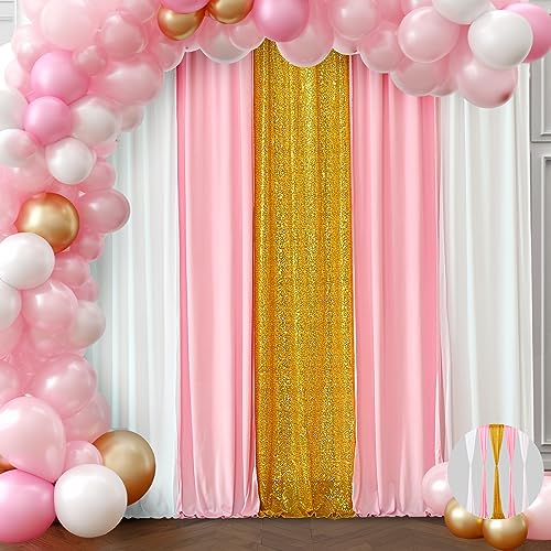 Backdrop Curtains Pink White Backdrop Drapes Fabric with Gold Sequin Backdrop for Birthday Party Baby Shower Girl Bedroom Decoration 5PCS 1.6ft×7ft