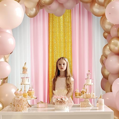 Backdrop Curtains Pink White Backdrop Drapes Fabric with Gold Sequin Backdrop for Birthday Party Baby Shower Girl Bedroom Decoration 5PCS 1.6ft×7ft