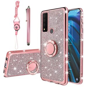 kudini for tcl 30 xe 5g case, tcl 30 xe 5g phone case for women glitter crystal soft stylish clear tpu luxury bling cute protective cover with kickstand strap for tcl 30 xe/20r 5g case (glitter rose)