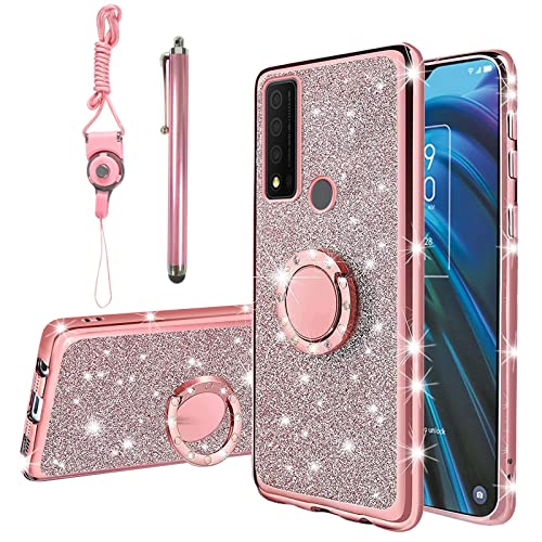 KuDiNi for TCL 30 XE 5G Case, TCL 30 XE 5G Phone Case for Women Glitter Crystal Soft Stylish Clear TPU Luxury Bling Cute Protective Cover with Kickstand Strap for TCL 30 XE/20R 5G Case (Glitter Rose)