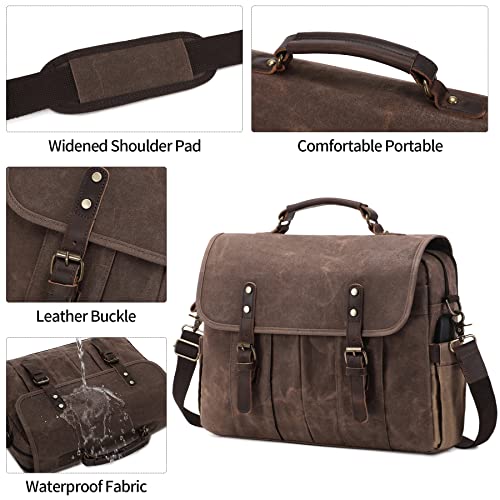 NerIion Messenger Bag for Men 15.6 Inch Vintage Canvas Genuine Leather Briefcase for Men Laptop Bag Waterproof Computer Satchel Shoulder Bag (Brown)