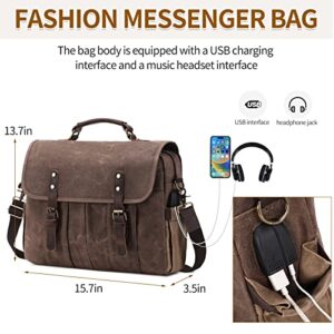 NerIion Messenger Bag for Men 15.6 Inch Vintage Canvas Genuine Leather Briefcase for Men Laptop Bag Waterproof Computer Satchel Shoulder Bag (Brown)
