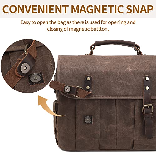NerIion Messenger Bag for Men 15.6 Inch Vintage Canvas Genuine Leather Briefcase for Men Laptop Bag Waterproof Computer Satchel Shoulder Bag (Brown)