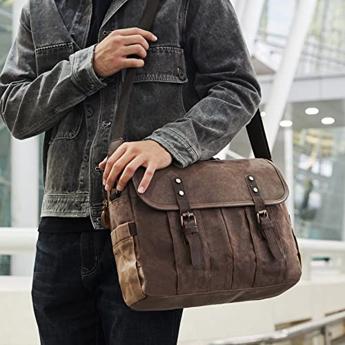 NerIion Messenger Bag for Men 15.6 Inch Vintage Canvas Genuine Leather Briefcase for Men Laptop Bag Waterproof Computer Satchel Shoulder Bag (Brown)