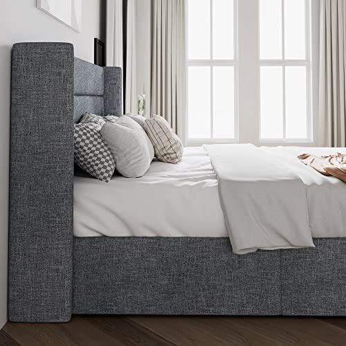 SHA CERLIN Full Size Lift Up Storage Bed/Modern Wingback Headboard/Upholstered Platform Bed Frame/Hydraulic Storage/No Box Spring Needed/Wood Slats Support/Grey Blue