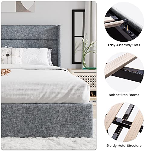 SHA CERLIN Full Size Lift Up Storage Bed/Modern Wingback Headboard/Upholstered Platform Bed Frame/Hydraulic Storage/No Box Spring Needed/Wood Slats Support/Grey Blue