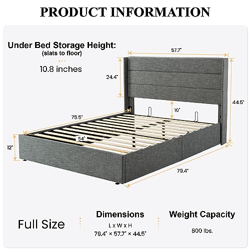 SHA CERLIN Full Size Lift Up Storage Bed/Modern Wingback Headboard/Upholstered Platform Bed Frame/Hydraulic Storage/No Box Spring Needed/Wood Slats Support/Grey Blue