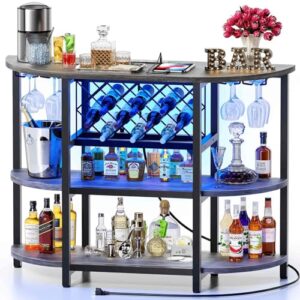 zarler bar table cabinet with power outlet, led home mini bar for liquor and glasses, metal wine bar stand with 4-tier storage, grey