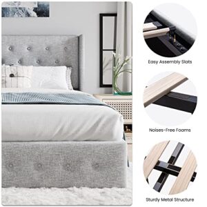 SHA CERLIN Full Size Lift Up Storage Bed/Button Tufted Wingback Headboard/Hydraulic Storage/Upholstered Platform Bed Frame/No Box Spring Needed/Wood Slats Support/Light Grey