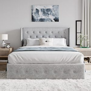 SHA CERLIN Full Size Lift Up Storage Bed/Button Tufted Wingback Headboard/Hydraulic Storage/Upholstered Platform Bed Frame/No Box Spring Needed/Wood Slats Support/Light Grey