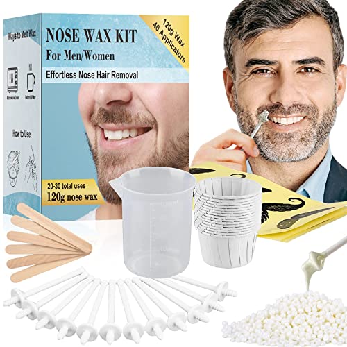 Keethem 120g Nose Wax Kit, Nose Wax with 40 White Applicators, Nose Hair Wax Painless Nose Hair Removal at Least 20 Times Usage, Nose Hair Waxing Kit for Men and Women with 20 Mustache Guards, 20pcs Paper Cup, 10pcs wooden sticks