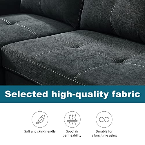 Pull Out Sofa Bed Sectional Sleeper Sofa with Reversible Storage Chaise and Side Pocket Convertible Upholstered L Shaped 3 Seater Couch with Silver Rivets for Living Room Apartment, Dark Gray