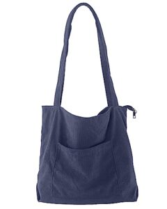 corduroy tote bag for women girl with front pocket and zipper shoulder handbags simple canvas purse, grey