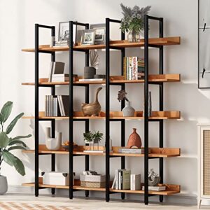 gnixuu triple wide 5-tier bookshelf, large open bookcase, vintage industrial style book shelf wood and metal etagere bookshelves display shelves for home office decor(rustic black+brown)