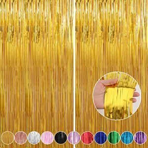 crosize 2 pack 3.3 x 9.9 ft gold foil fringe curtains party decorations, gold tinsel curtain backdrop for parties, door streamers, glitter streamer fringe backdrop for birthday decoration, baby shower