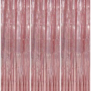 crosize 3 pack 3.3 x 9.9 ft rose gold foil fringe backdrop curtain, streamer backdrop curtains, birthday party decoration, rose gold tinsel curtain for parties, galentines decor, baby shower